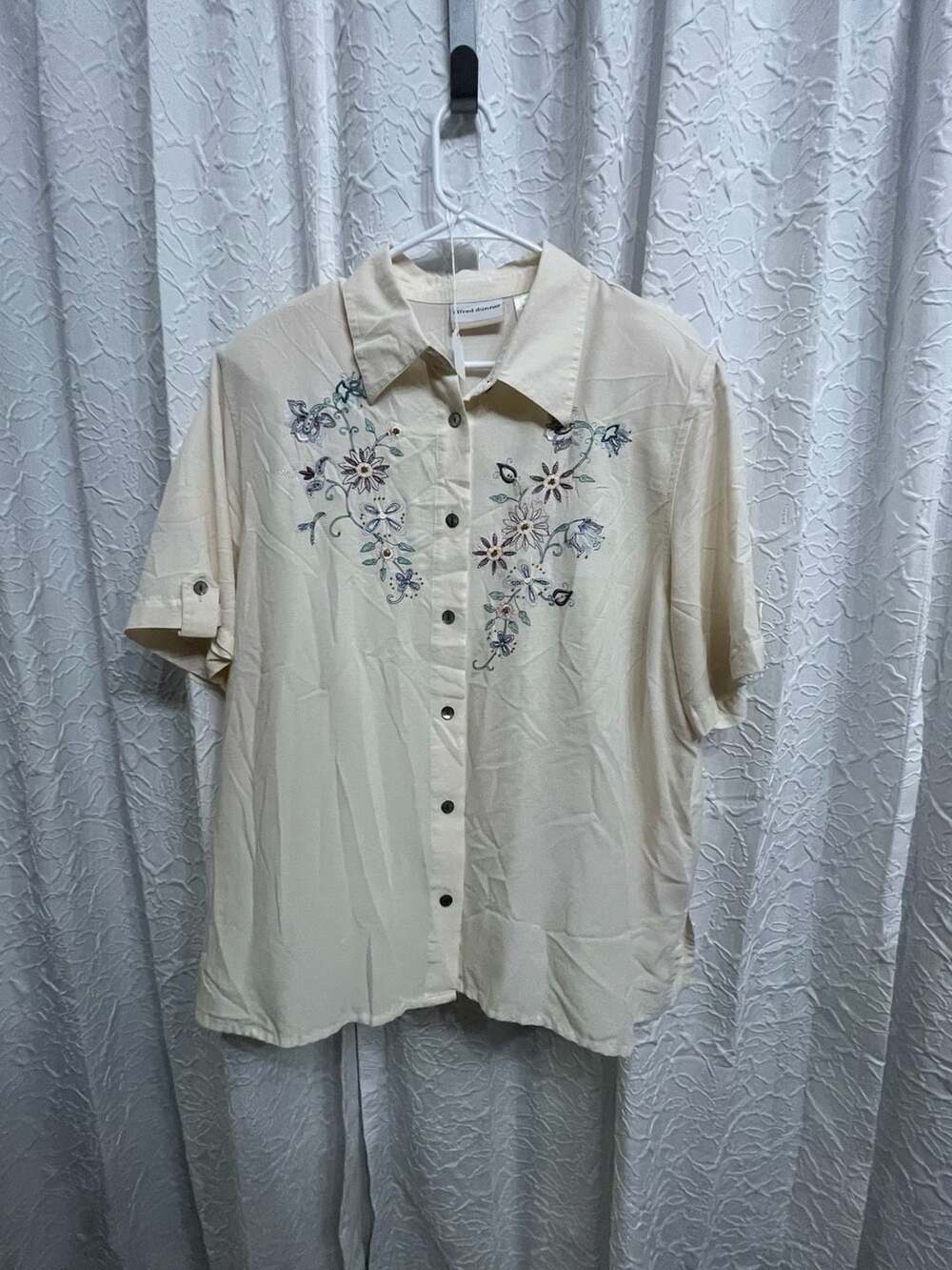 VTG Alfred Dunner Embroidered Button Down Shirt Size 18W Ivory Floral Blouse